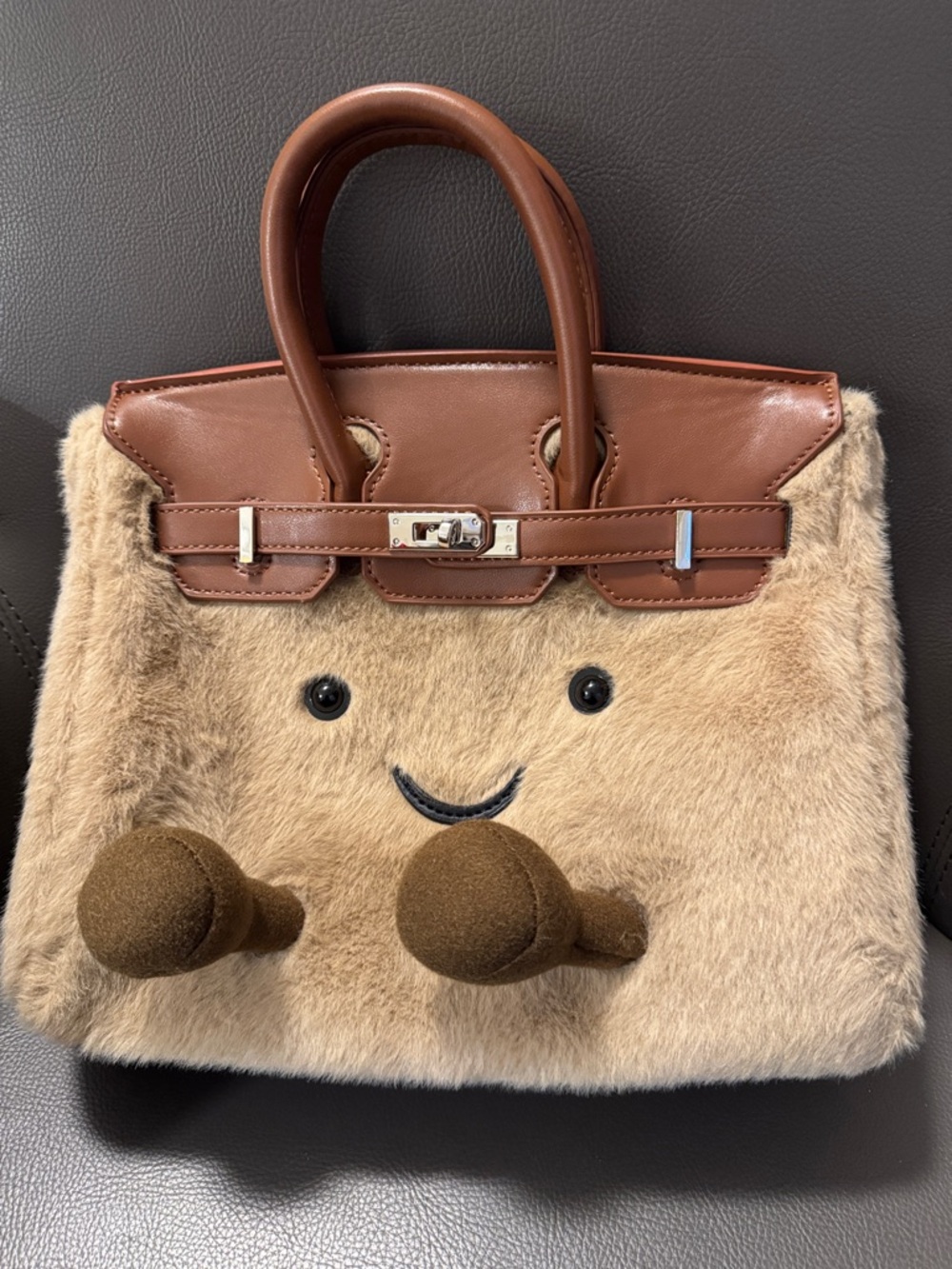 Jellycat inspired Plush Mini Satchel Bag in Brown - Cute Smiley Design